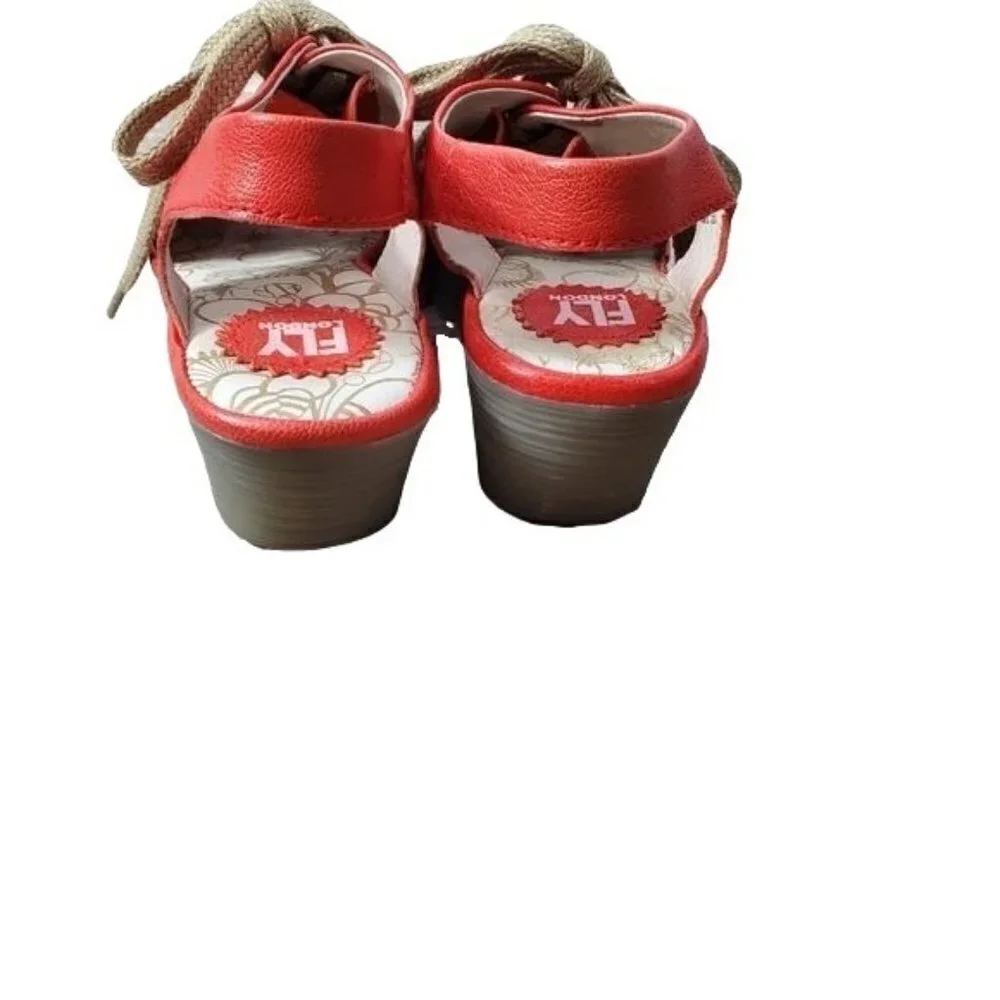 Fly London Women's Wedge Shoe Ylfa Red Lace Up Sandal Sz 8-8.5M EU 39